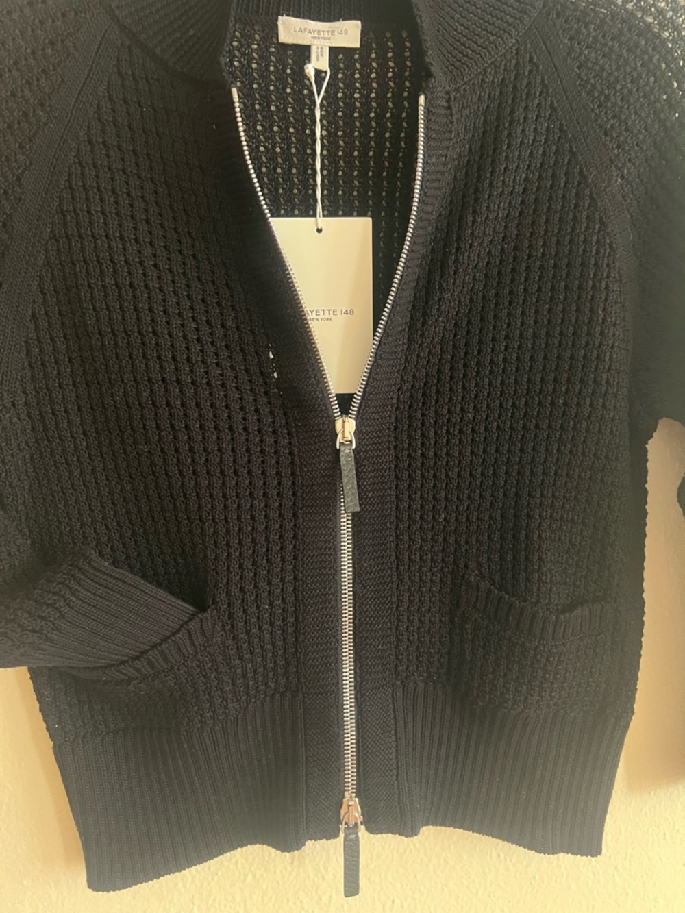 NWT $798 Lafayette 148 New York Black Zip Knit Cardigan 100% cotton Size XXS - Picture 7 of 12
